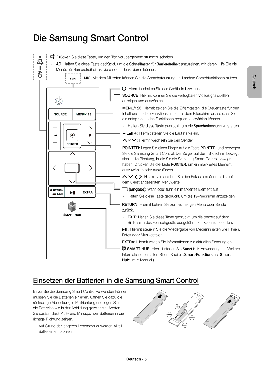 Samsung UE65JS9590QXZG, UE78JS9590QXZG Die Samsung Smart Control, Einsetzen der Batterien in die Samsung Smart Control 