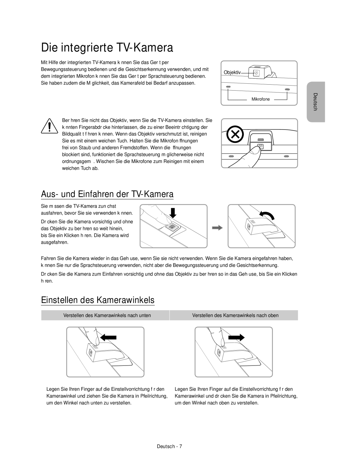 Samsung UE65JS9580QXZG manual Die integrierte TV-Kamera, Aus- und Einfahren der TV-Kamera, Einstellen des Kamerawinkels 