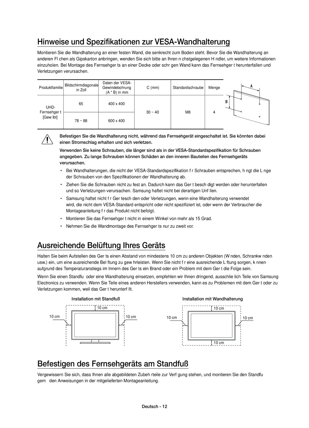 Samsung UE88JS9590QXZG manual Hinweise und Spezifikationen zur VESA-Wandhalterung, Ausreichende Belüftung Ihres Geräts 