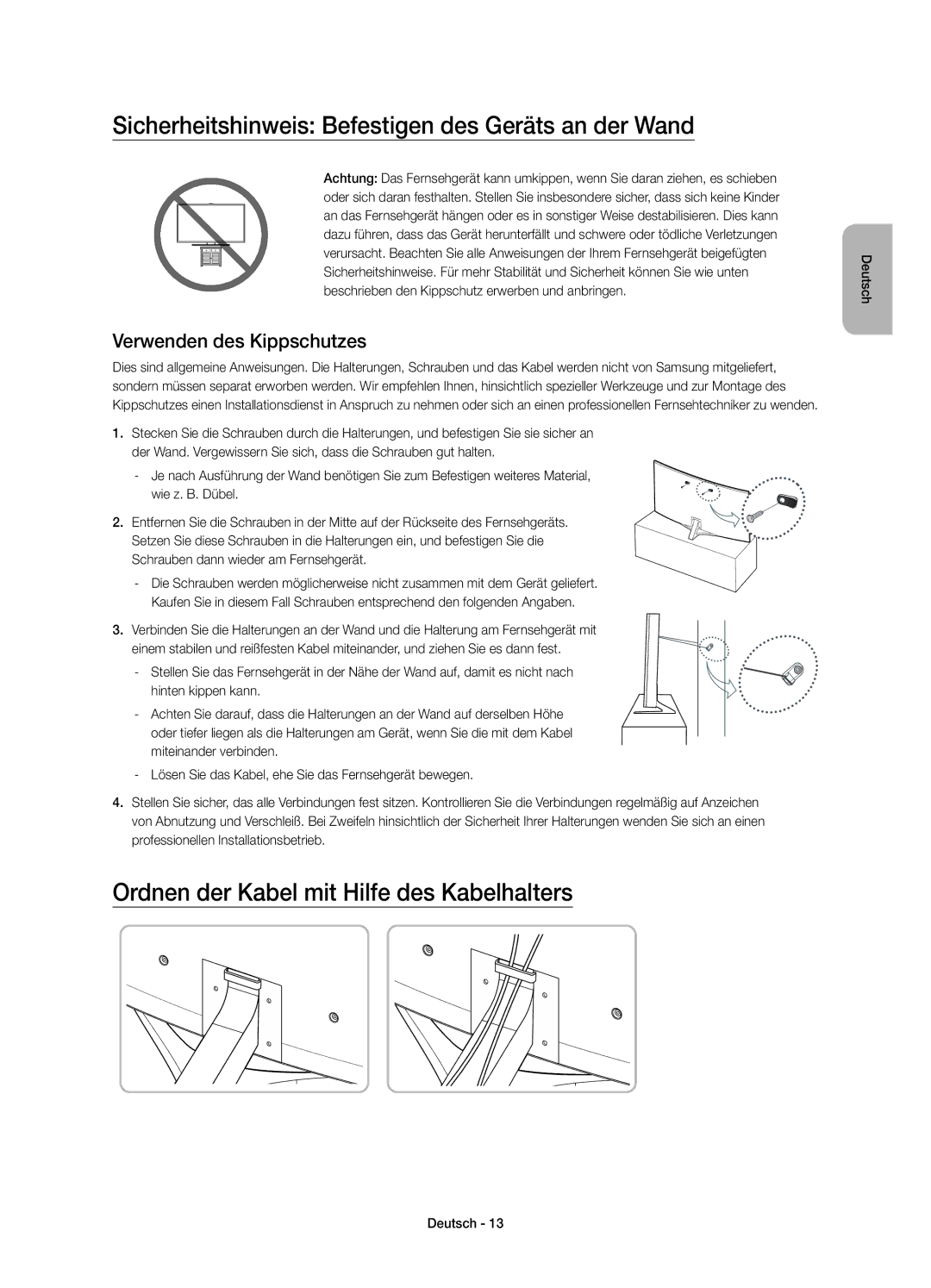 Samsung UE65JS9580QXZG Sicherheitshinweis Befestigen des Geräts an der Wand, Ordnen der Kabel mit Hilfe des Kabelhalters 