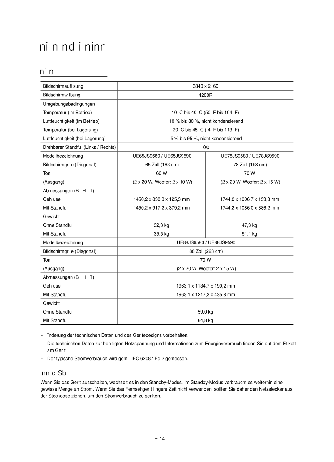 Samsung UE88JS9580QXZG, UE78JS9590QXZG manual Technische Daten und weitere Informationen, Verringern des Stromverbrauchs 