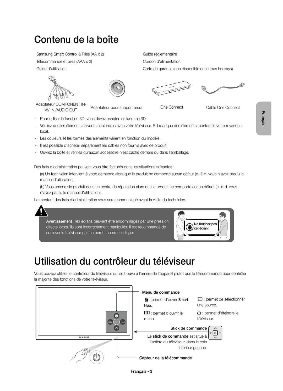 Samsung UE65JS9590QXZG, UE78JS9590QXZG manual Contenu de la boîte, Utilisation du contrôleur du téléviseur, Une source 