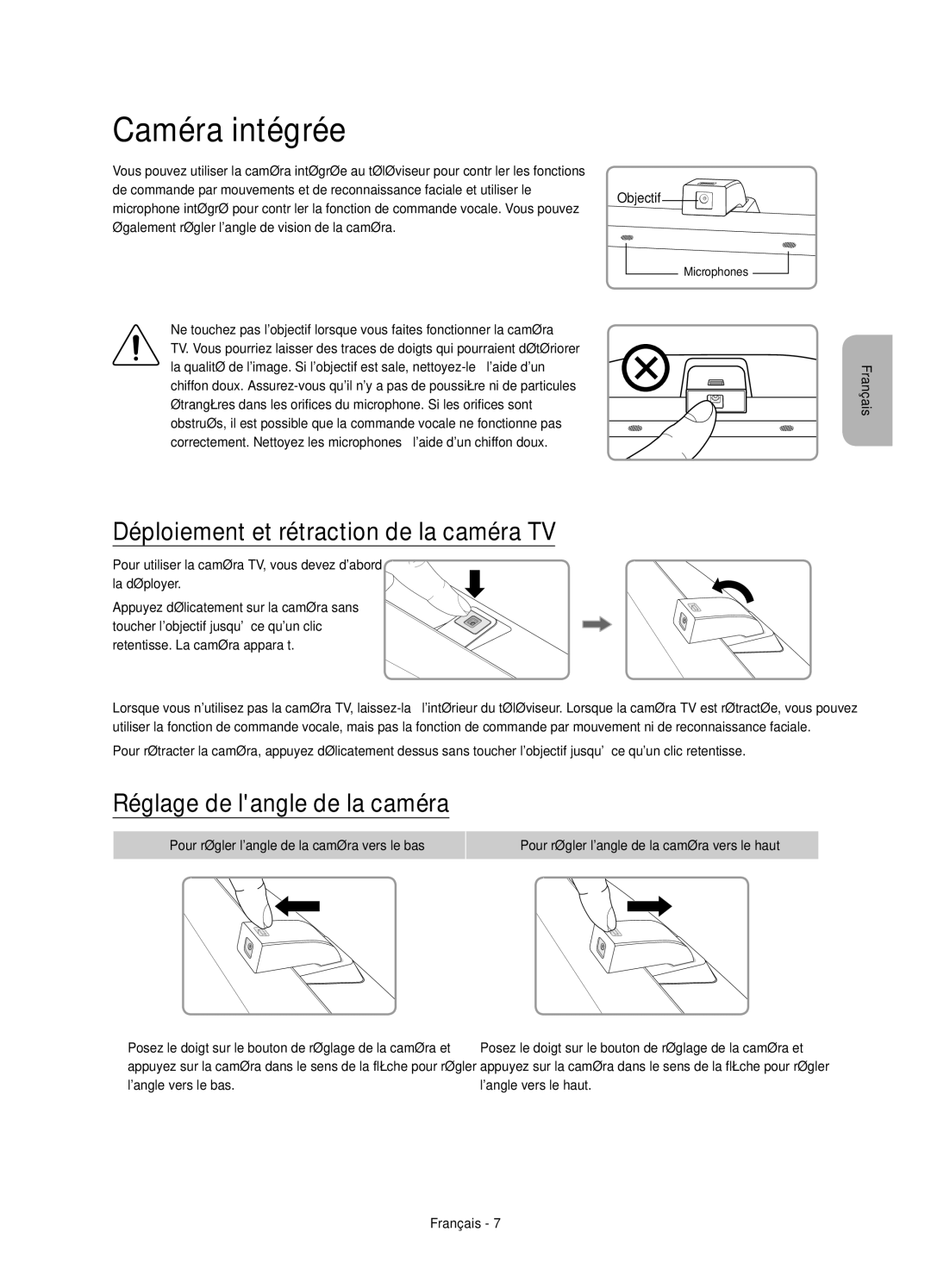 Samsung UE78JS9580QXZG manual Caméra intégrée, Déploiement et rétraction de la caméra TV, Réglage de langle de la caméra 