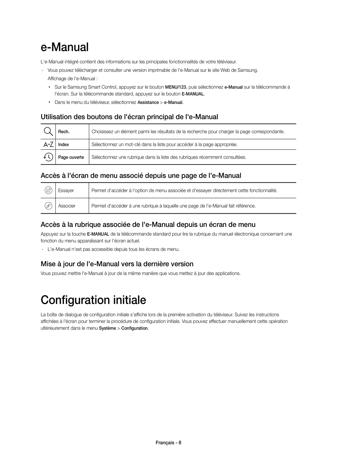 Samsung UE78JS9590QXZG manual Configuration initiale, Utilisation des boutons de lécran principal de le-Manual 