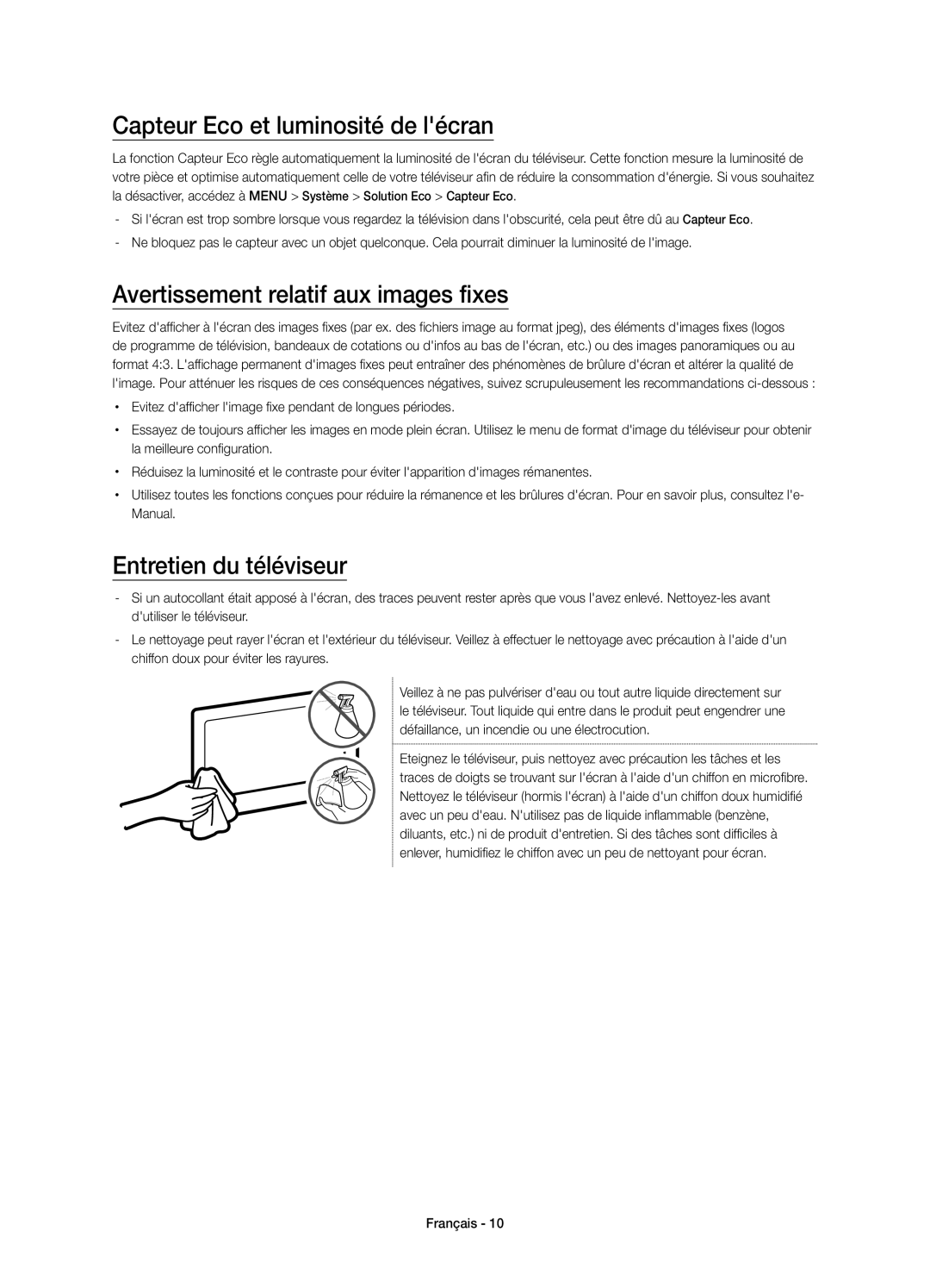 Samsung UE88JS9590QXZG, UE78JS9590QXZG manual Capteur Eco et luminosité de lécran, Avertissement relatif aux images fixes 