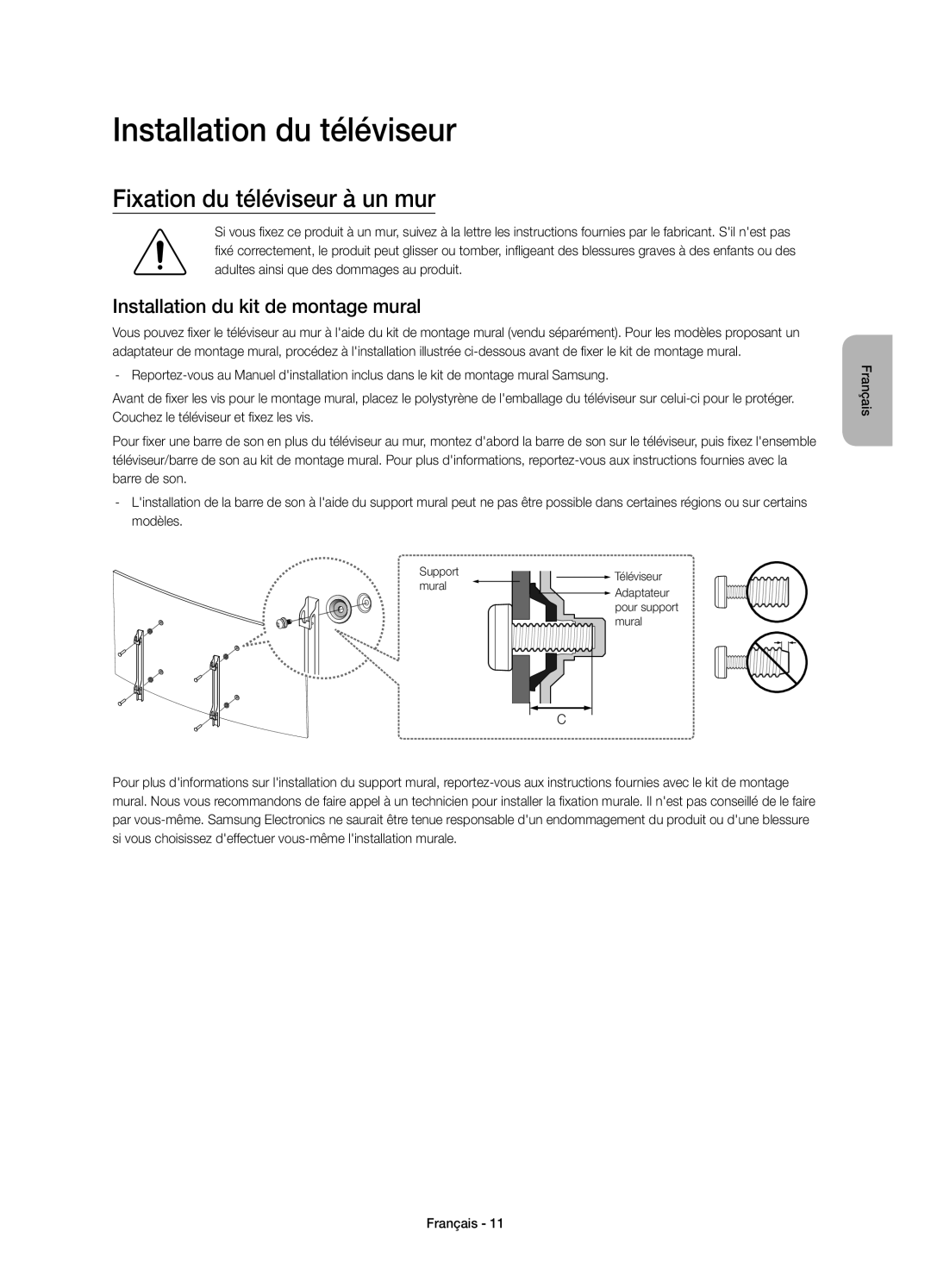 Samsung UE65JS9580QXZG Installation du téléviseur, Fixation du téléviseur à un mur, Installation du kit de montage mural 