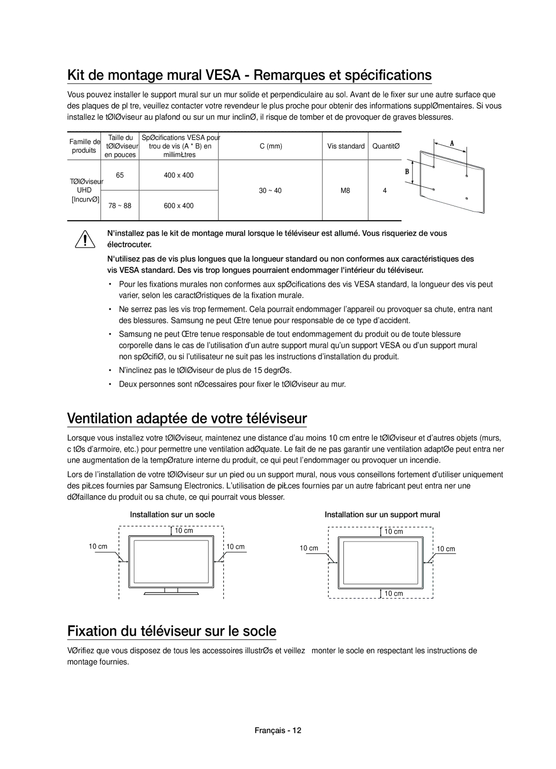 Samsung UE88JS9580QXZG Kit de montage mural Vesa Remarques et spécifications, Ventilation adaptée de votre téléviseur 