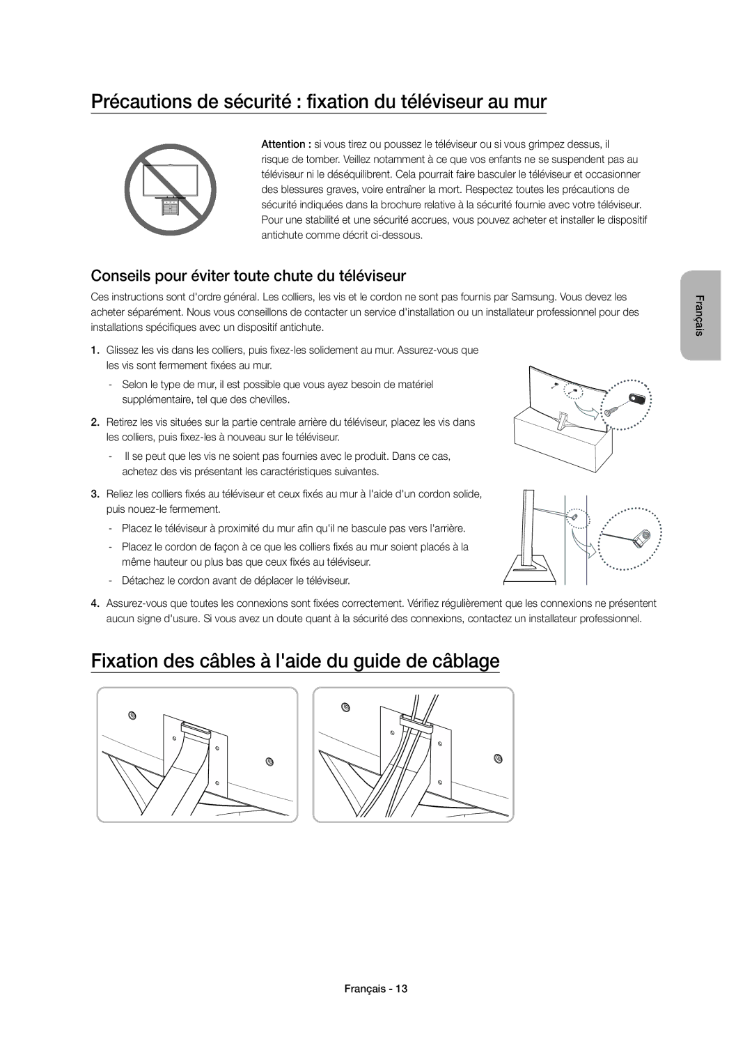 Samsung UE78JS9580QXZG, UE78JS9590QXZG, UE65JS9590QXZG, UE88JS9590QXZG Précautions de sécurité fixation du téléviseur au mur 