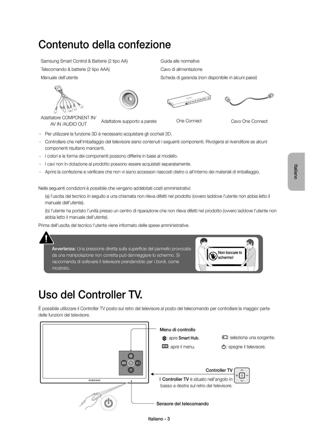 Samsung UE65JS9580QXZG manual Contenuto della confezione, Uso del Controller TV, Adattatore supporto a parete One Connect 