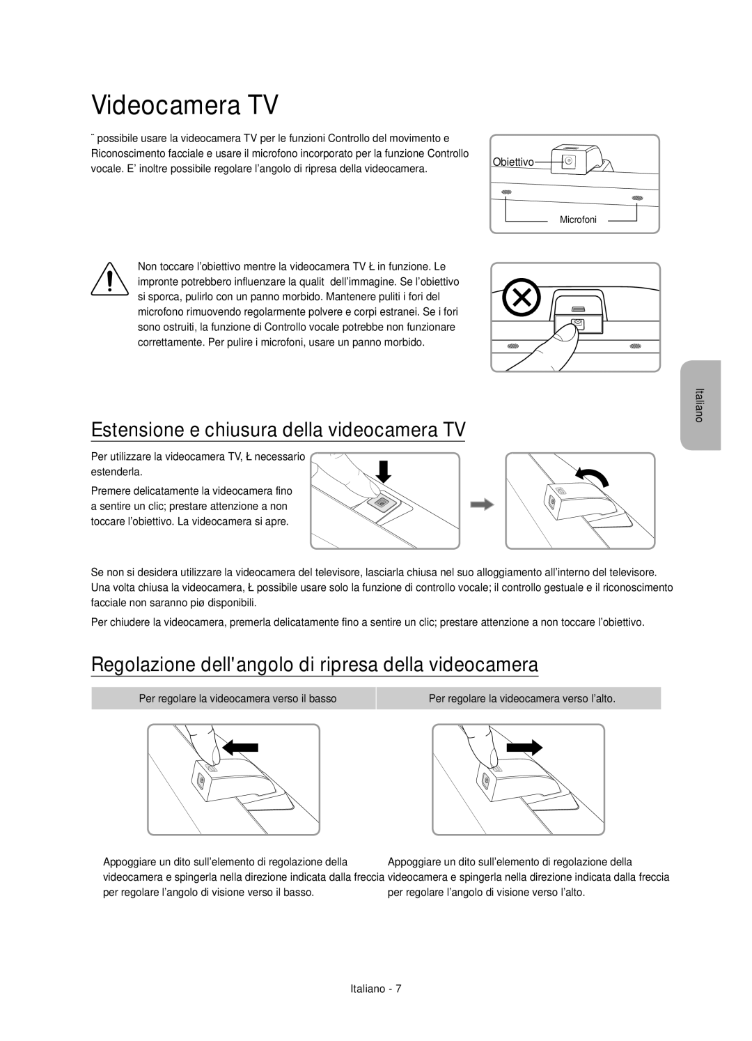 Samsung UE65JS9590QXZG, UE78JS9590QXZG, UE88JS9590QXZG manual Videocamera TV, Estensione e chiusura della videocamera TV 