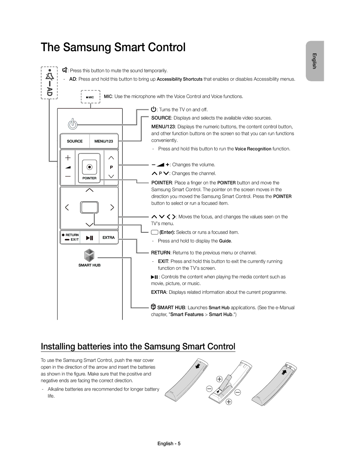 Samsung UE78JS9580QXZG, UE78JS9590QXZG, UE65JS9590QXZG manual Installing batteries into the Samsung Smart Control 