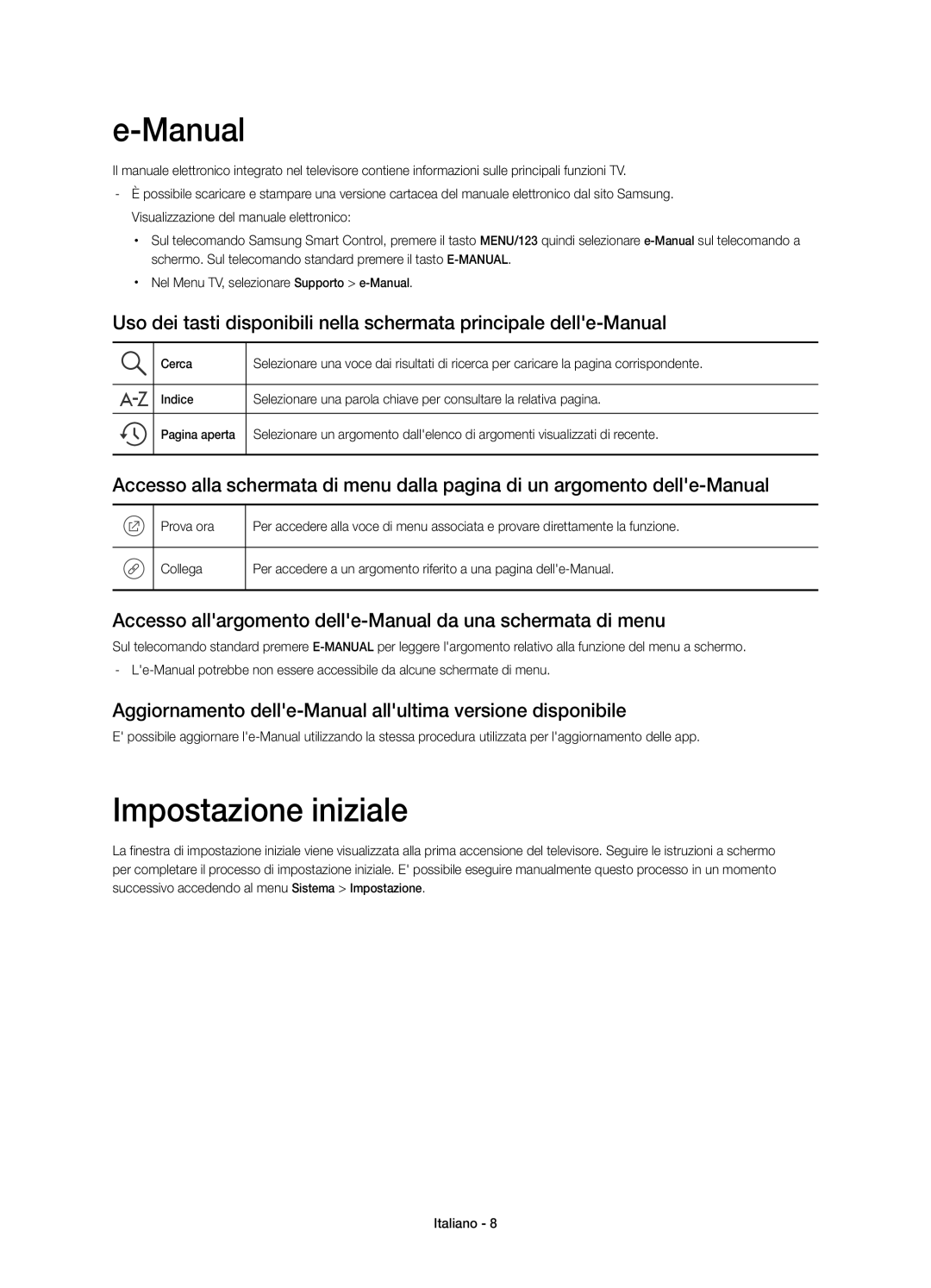 Samsung UE88JS9590QXZG, UE78JS9590QXZG Impostazione iniziale, Accesso allargomento delle-Manual da una schermata di menu 