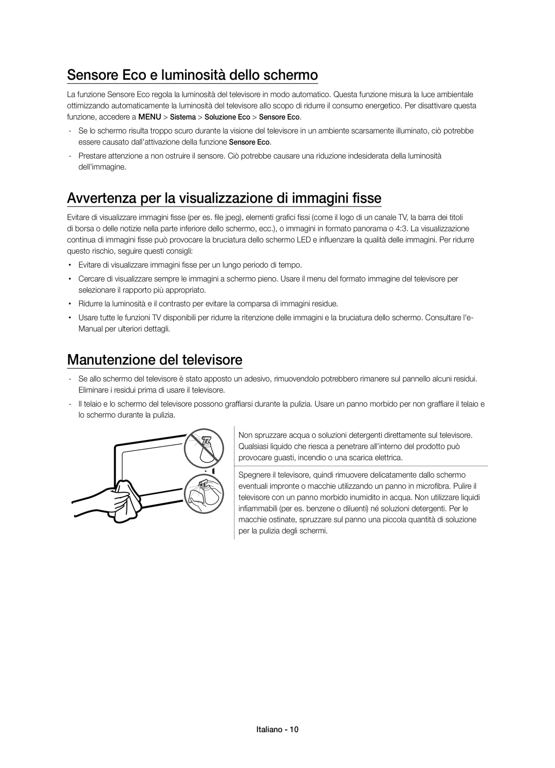 Samsung UE88JS9580QXZG manual Sensore Eco e luminosità dello schermo, Avvertenza per la visualizzazione di immagini fisse 