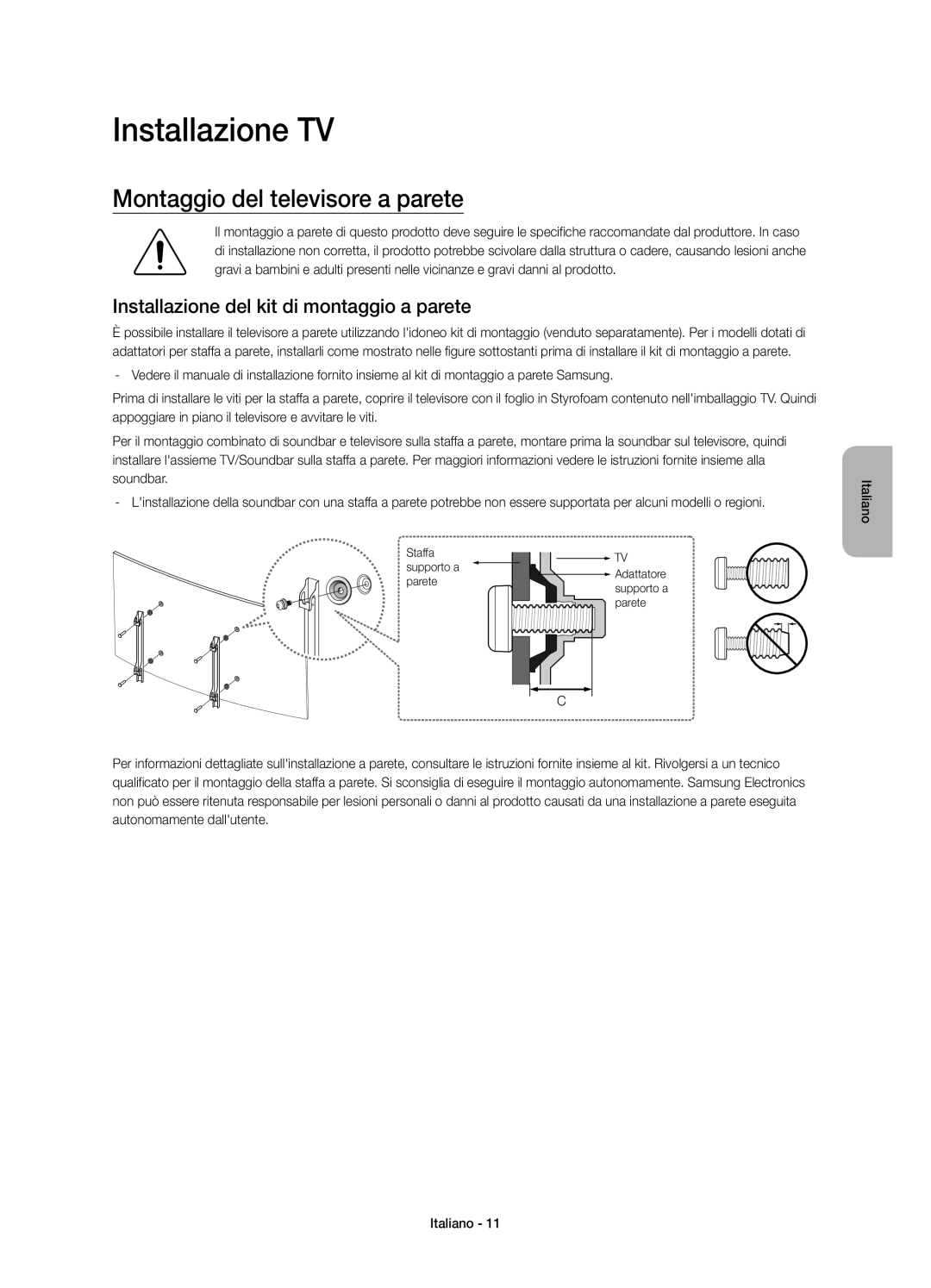 Samsung UE78JS9580QXZG Installazione TV, Montaggio del televisore a parete, Installazione del kit di montaggio a parete 