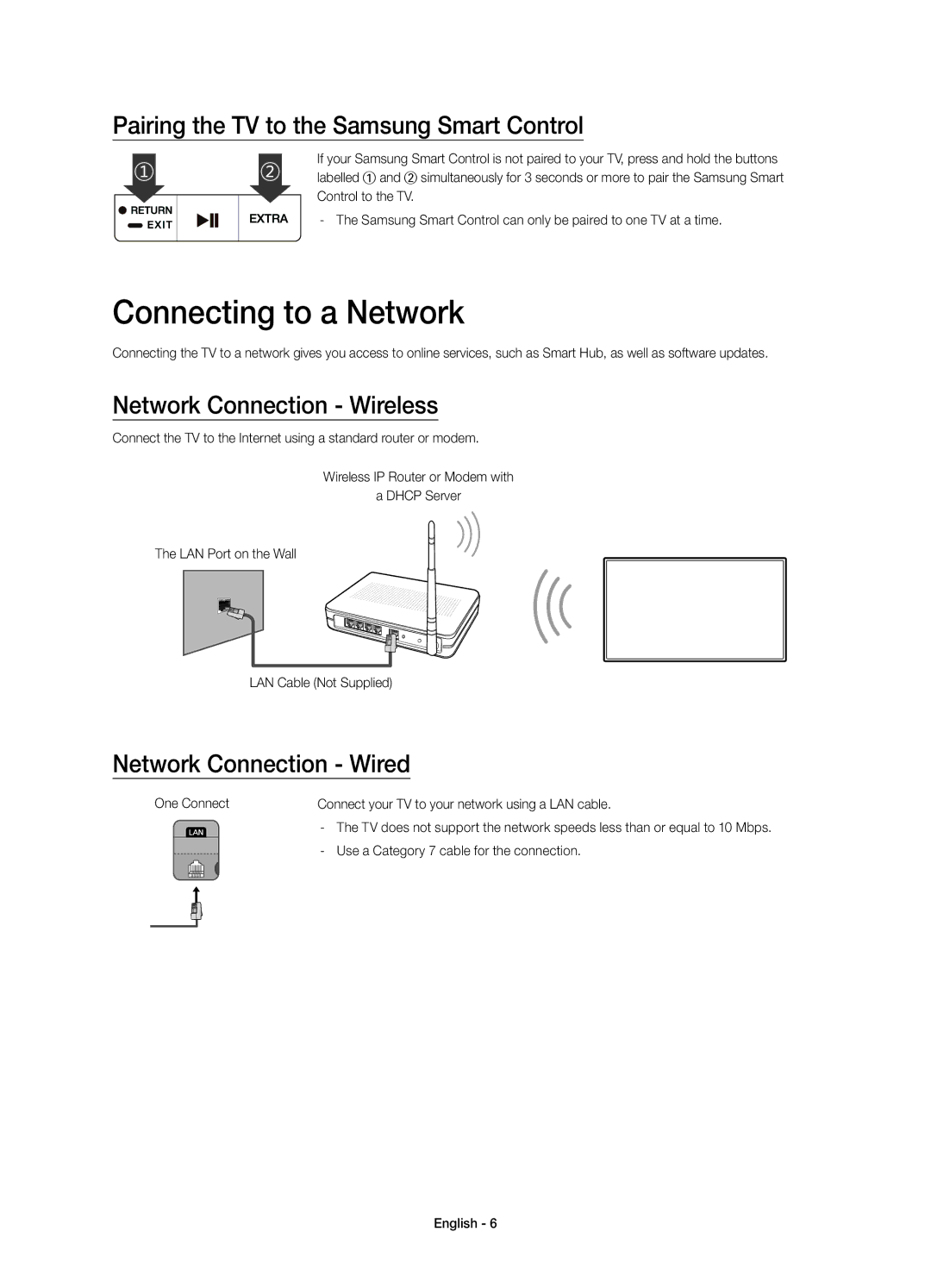 Samsung UE78JS9590QXZG Connecting to a Network, Pairing the TV to the Samsung Smart Control, Network Connection Wireless 