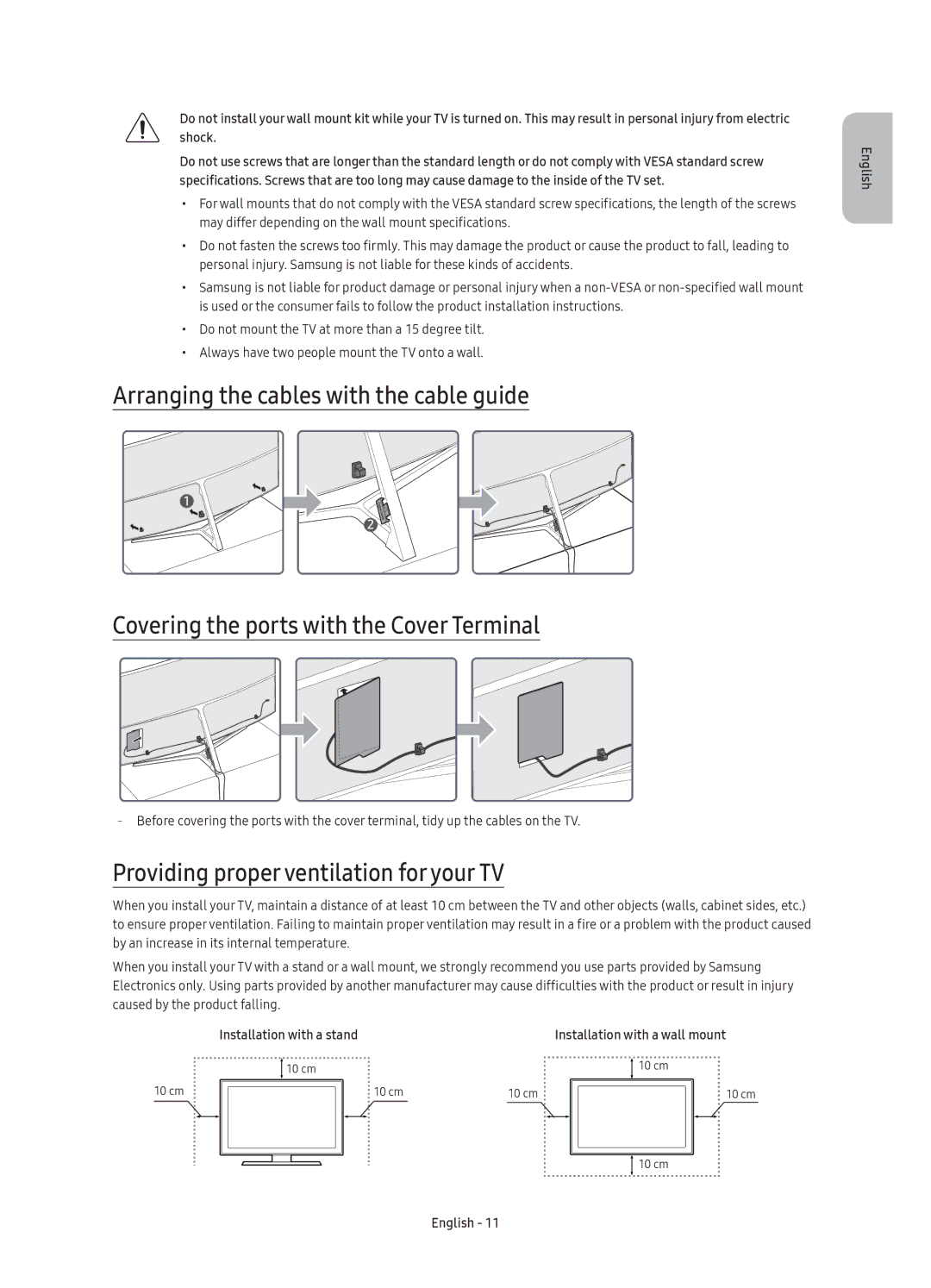 Samsung UE55KS9005TXXE, UE78KS9005TXXE, UE65KS9005TXXE, UE49KS9005TXXE manual Providing proper ventilation for your TV 