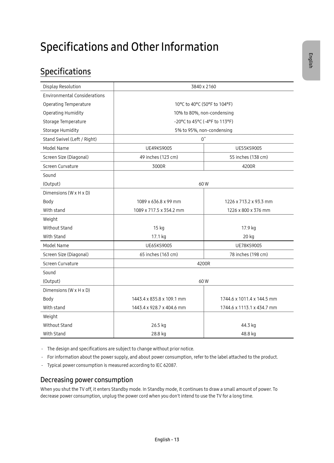 Samsung UE65KS9005TXXE, UE78KS9005TXXE, UE49KS9005TXXE Specifications and Other Information, Decreasing power consumption 