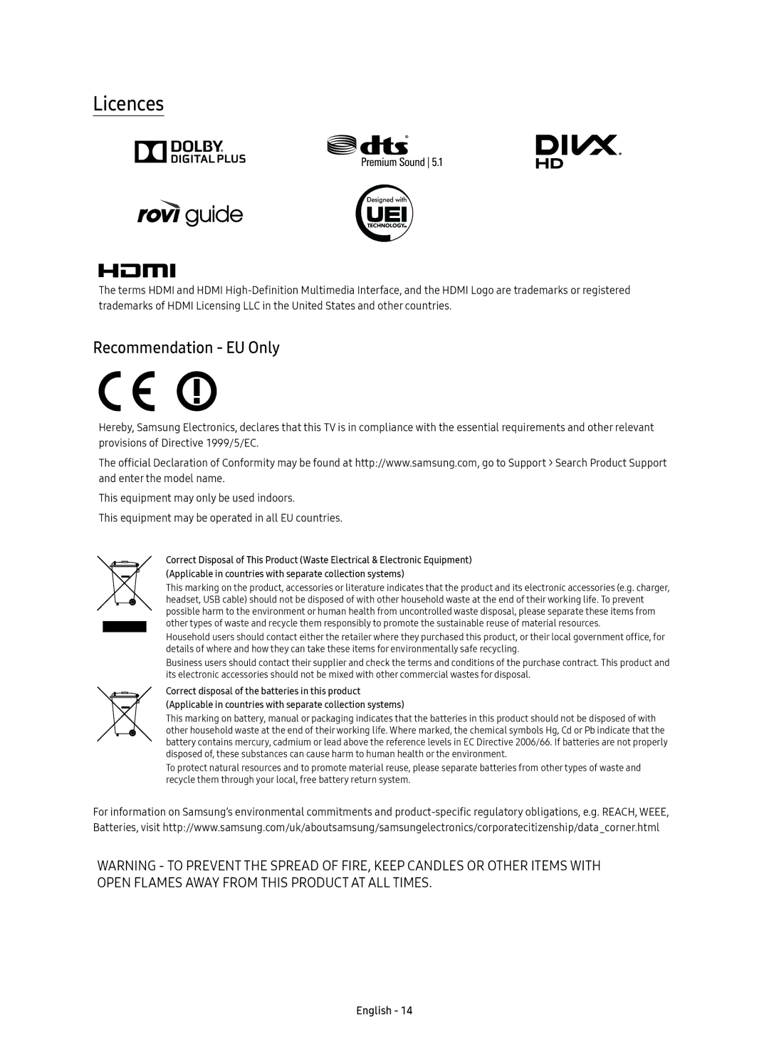 Samsung UE49KS9005TXXE, UE78KS9005TXXE, UE65KS9005TXXE, UE55KS9005TXXE manual Licences, Recommendation EU Only 