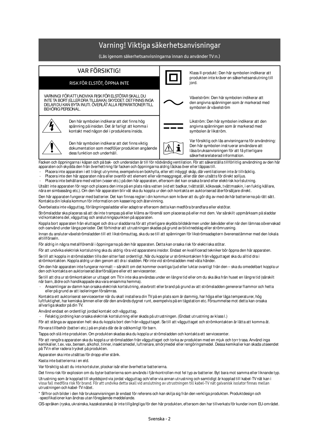 Samsung UE78KS9005TXXE, UE65KS9005TXXE, UE49KS9005TXXE, UE55KS9005TXXE manual Varning! Viktiga säkerhetsanvisningar 