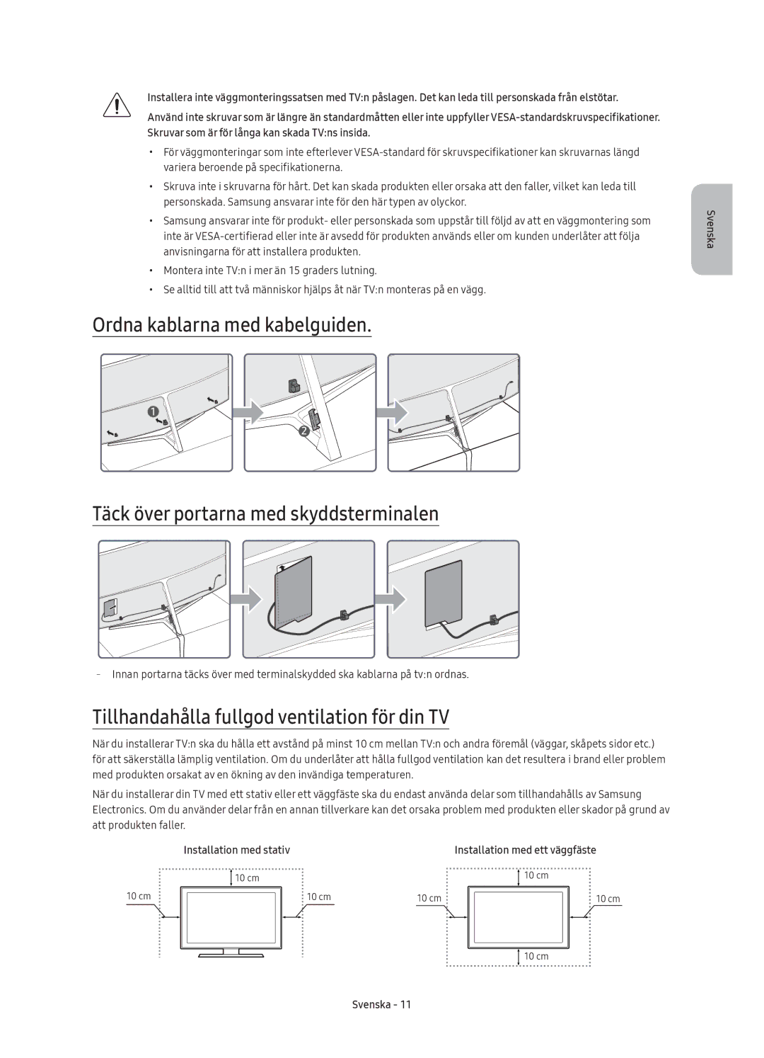 Samsung UE65KS9005TXXE, UE78KS9005TXXE, UE49KS9005TXXE, UE55KS9005TXXE manual Tillhandahålla fullgod ventilation för din TV 