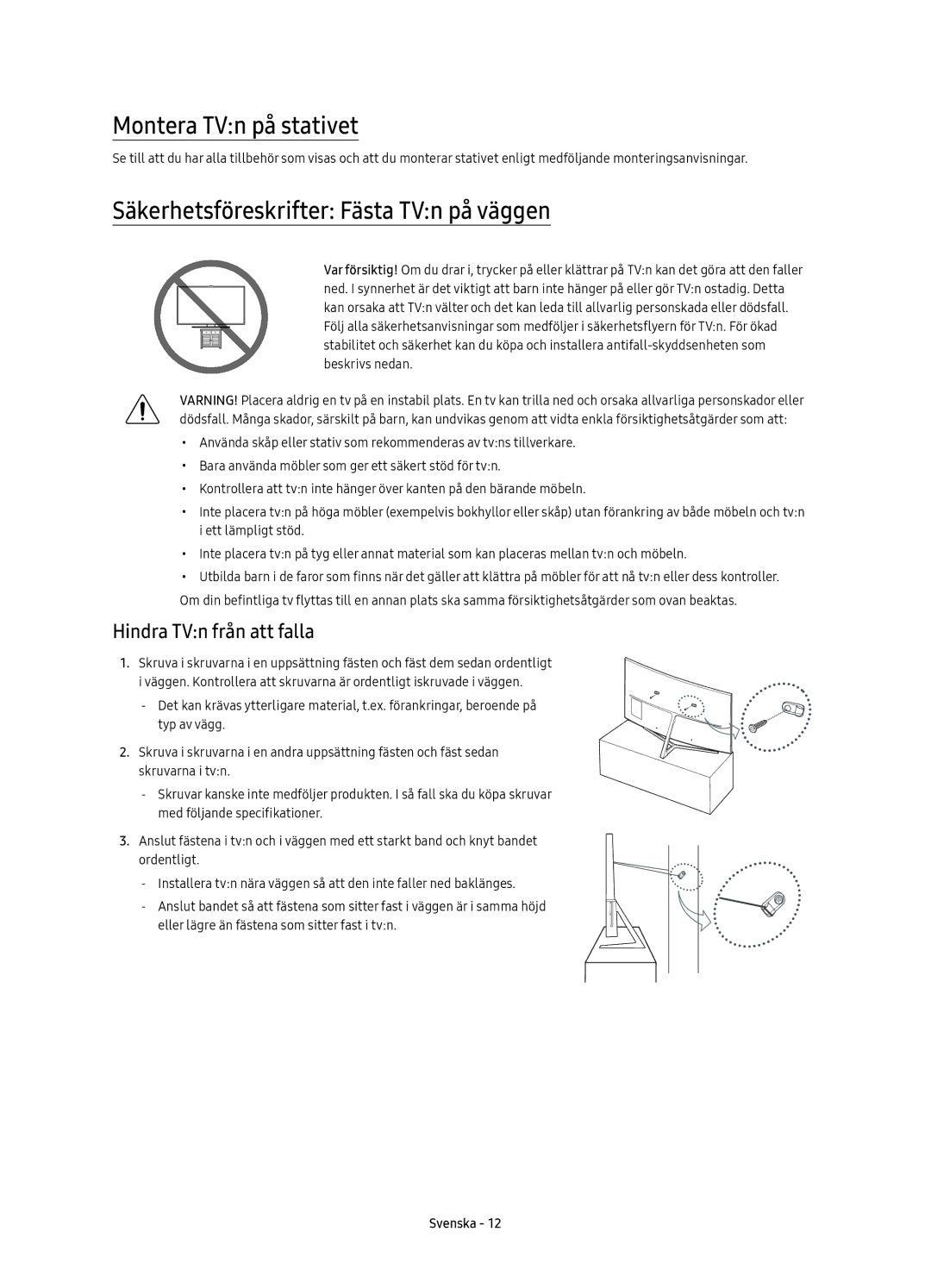 Samsung UE49KS9005TXXE manual Montera TVn på stativet, Säkerhetsföreskrifter Fästa TVn på väggen, Hindra TVn från att falla 