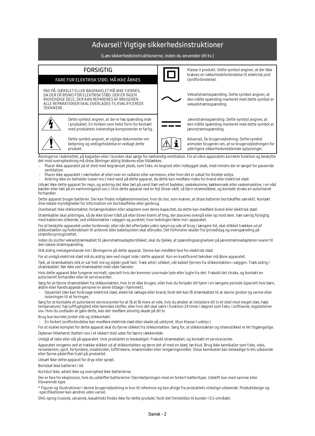 Samsung UE49KS9005TXXE, UE78KS9005TXXE, UE65KS9005TXXE, UE55KS9005TXXE manual Forsigtig 