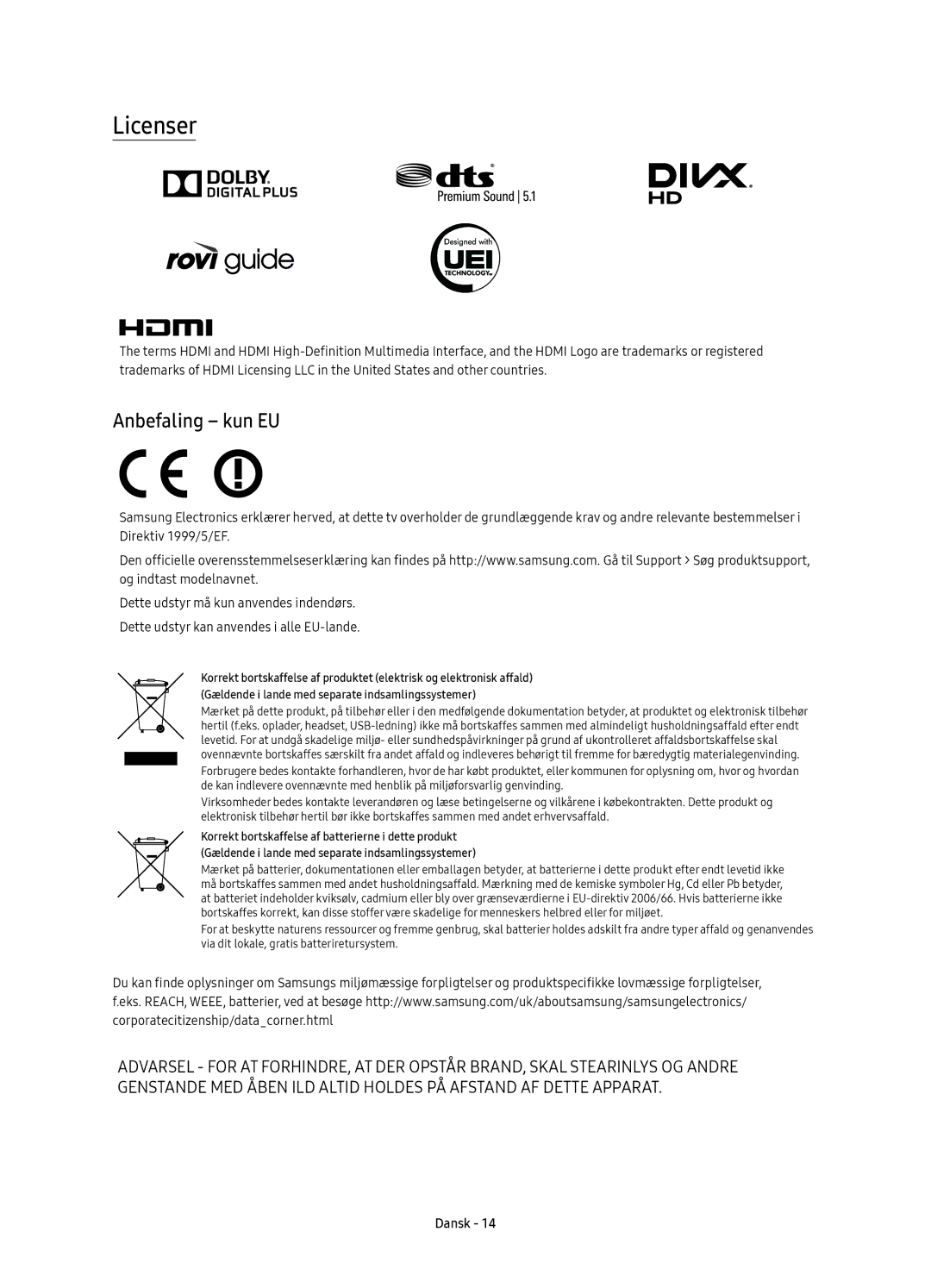 Samsung UE49KS9005TXXE, UE78KS9005TXXE, UE65KS9005TXXE, UE55KS9005TXXE manual Licenser, Anbefaling kun EU 