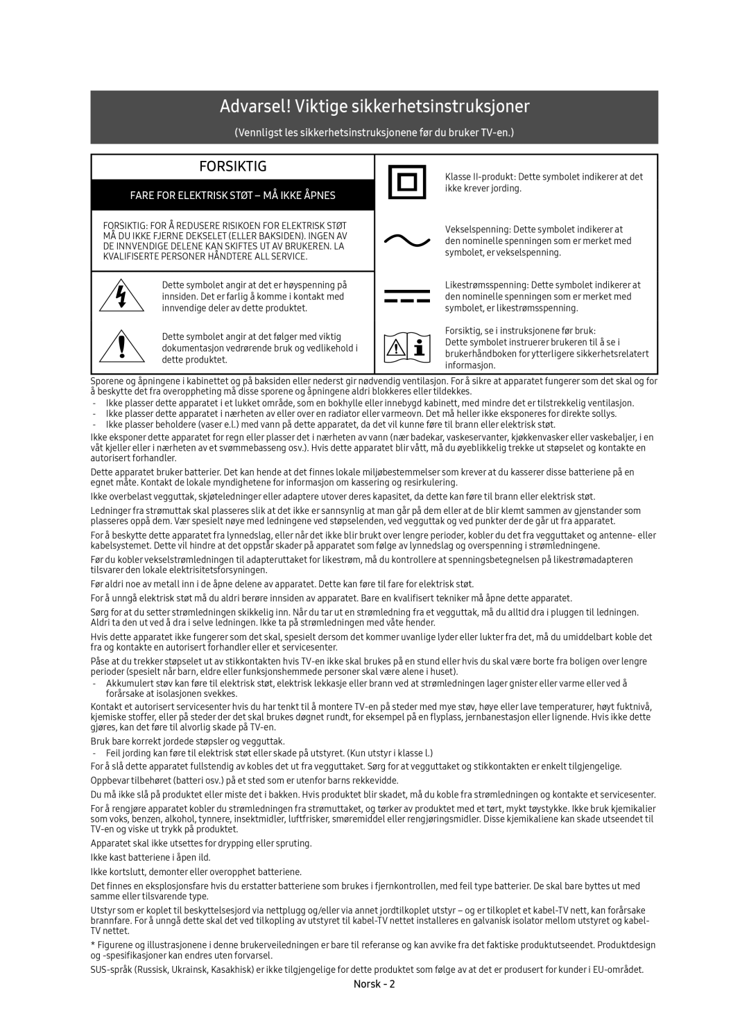 Samsung UE78KS9005TXXE, UE65KS9005TXXE, UE49KS9005TXXE, UE55KS9005TXXE manual Forsiktig 