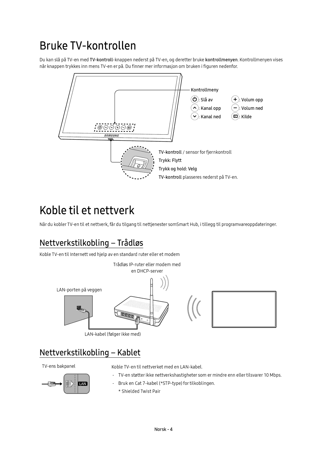 Samsung UE49KS9005TXXE Bruke TV-kontrollen, Koble til et nettverk, Nettverkstilkobling Trådløs, Nettverkstilkobling Kablet 