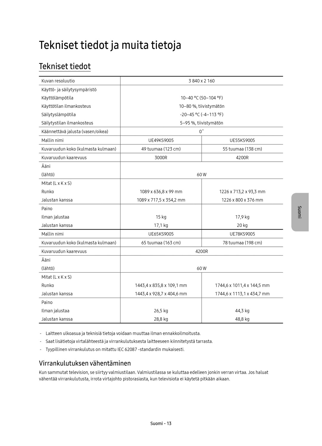 Samsung UE65KS9005TXXE, UE78KS9005TXXE, UE49KS9005TXXE manual Tekniset tiedot ja muita tietoja, Virrankulutuksen vähentäminen 