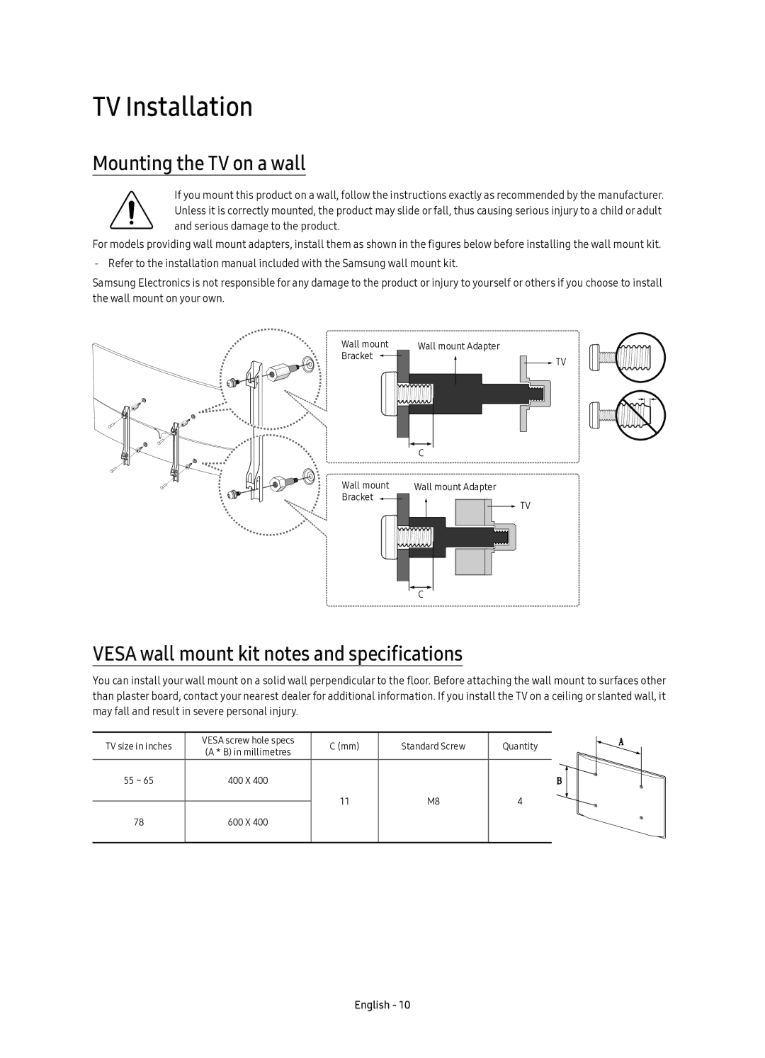 Samsung UE55KS9500TXSQ manual TV Installation, Mounting the TV on a wall, Vesa wall mount kit notes and specifications 