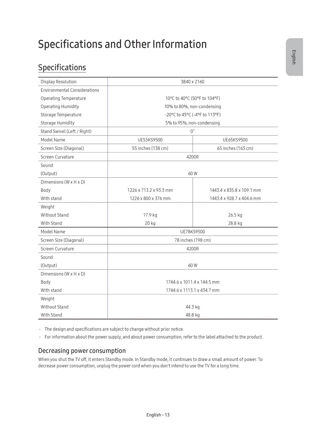 Samsung UE55KS9500TXSQ, UE78KS9500TXSQ, UE65KS9500TXSQ Specifications and Other Information, Decreasing power consumption 