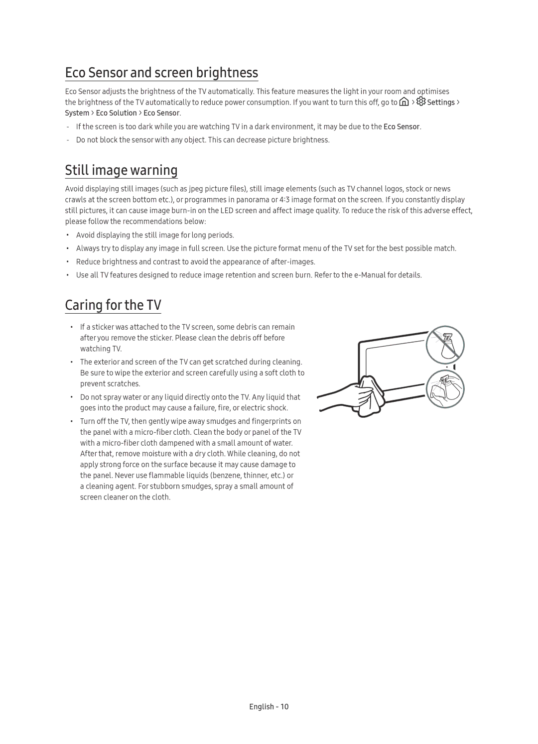 Samsung UE88KS9890TXZG, UE78KS9590TXZG manual Eco Sensor and screen brightness, Still image warning, Caring for the TV 