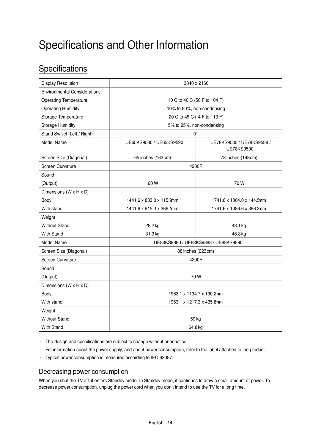 Samsung UE88KS9888TXZG, UE78KS9590TXZG, UE65KS9590TXZG Specifications and Other Information, Decreasing power consumption 