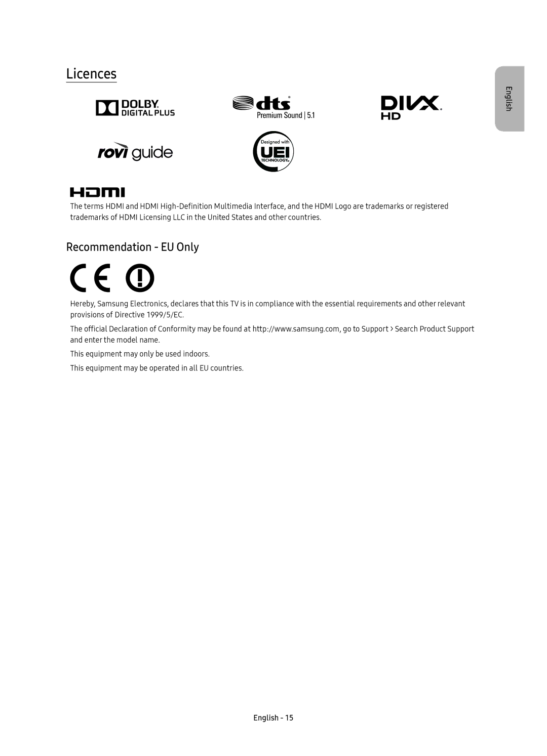 Samsung UE65KS9580TXZG, UE78KS9590TXZG, UE65KS9590TXZG, UE88KS9890TXZG, UE88KS9880TXZG manual Licences, Recommendation EU Only 