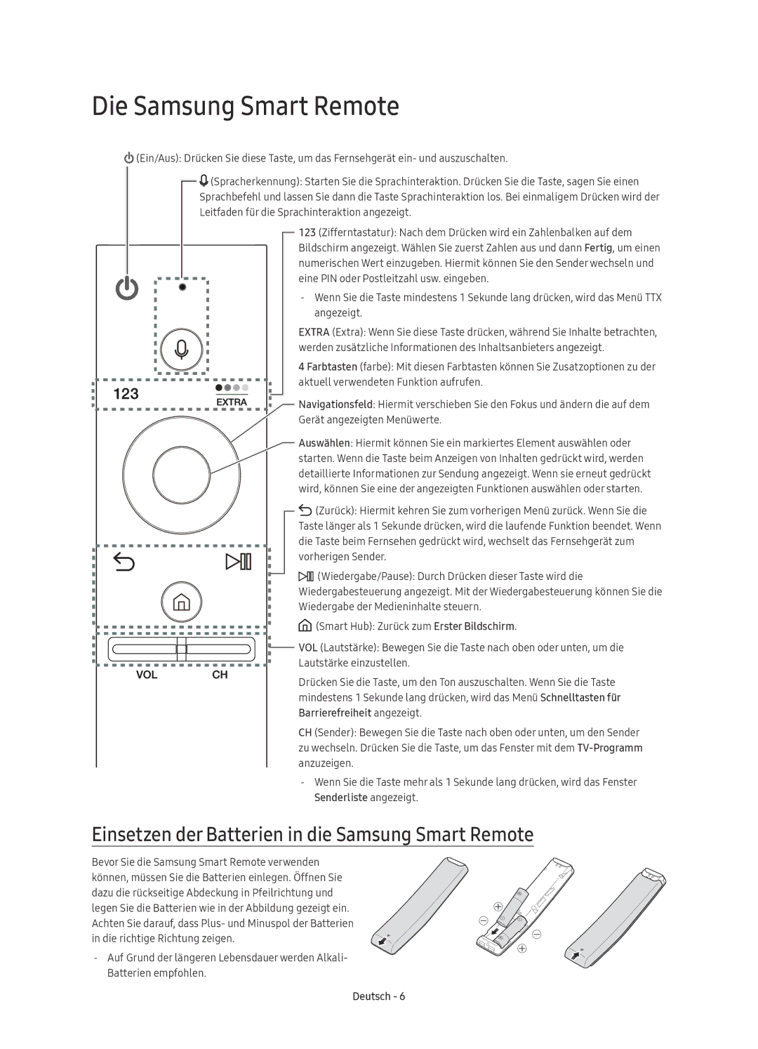 Samsung UE88KS9888TXZG, UE78KS9590TXZG manual Die Samsung Smart Remote, Einsetzen der Batterien in die Samsung Smart Remote 