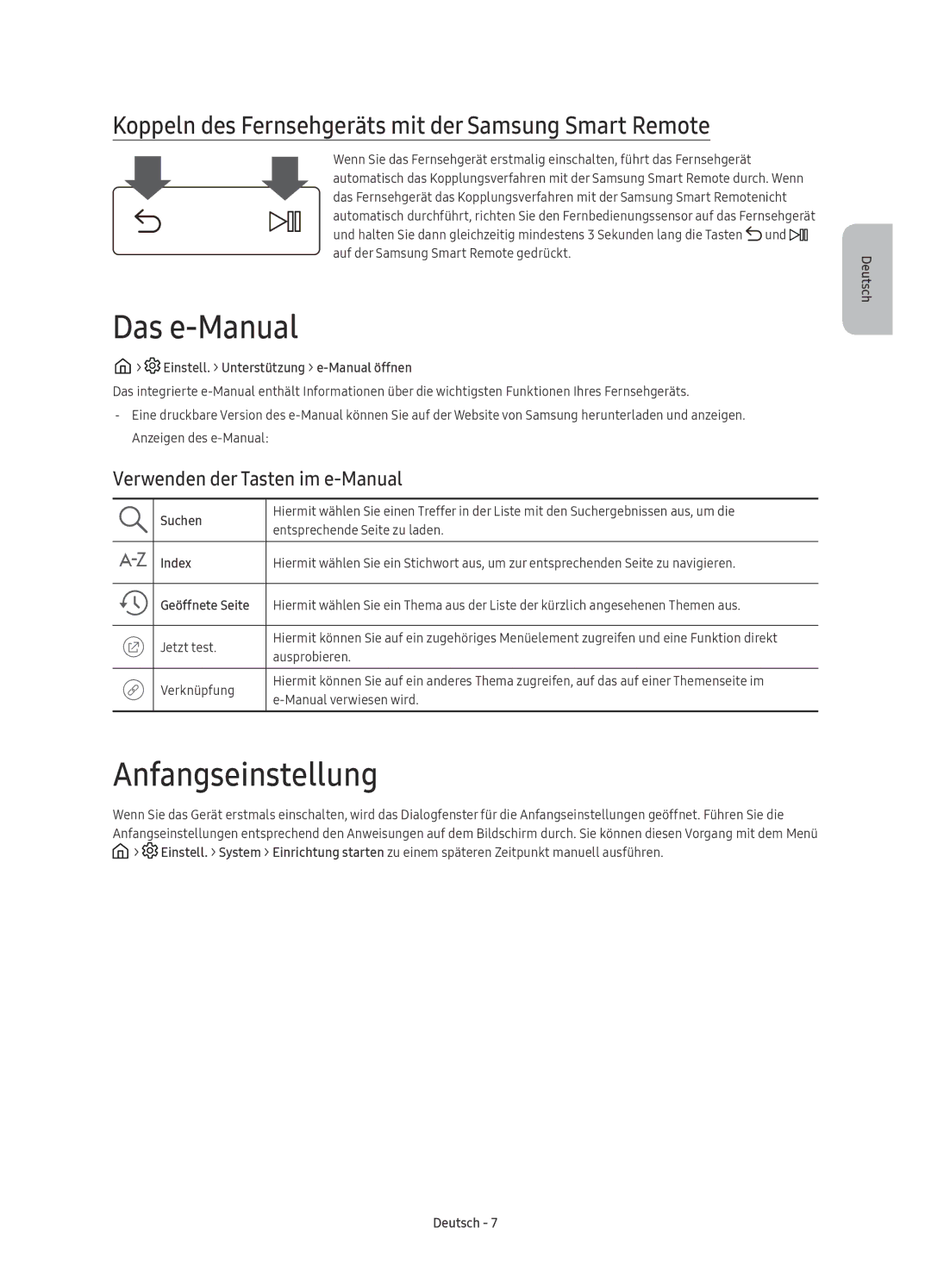 Samsung UE65KS9580TXZG manual Das e-Manual, Anfangseinstellung, Koppeln des Fernsehgeräts mit der Samsung Smart Remote 