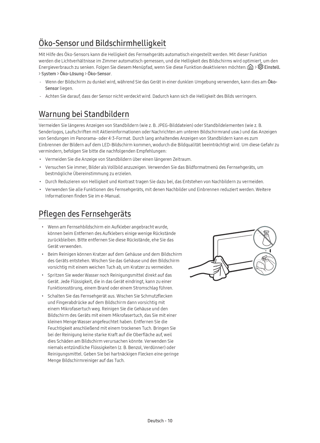 Samsung UE88KS9890TXZG manual Öko-Sensor und Bildschirmhelligkeit, Warnung bei Standbildern, Pflegen des Fernsehgeräts 