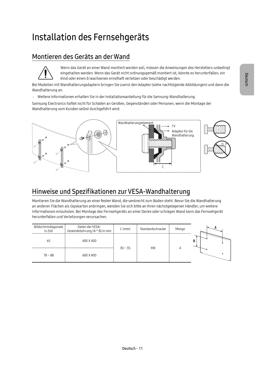 Samsung UE88KS9880TXZG, UE78KS9590TXZG, UE65KS9590TXZG Installation des Fernsehgeräts, Montieren des Geräts an der Wand 