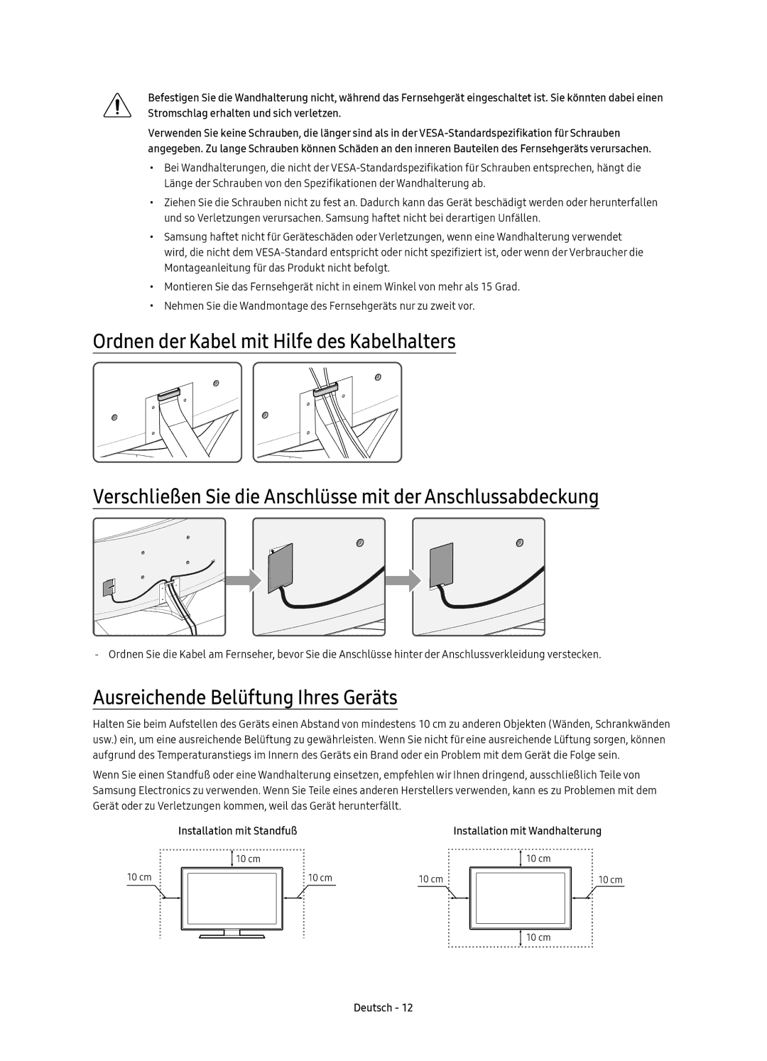 Samsung UE78KS9588TXZG, UE78KS9590TXZG, UE65KS9590TXZG manual Ausreichende Belüftung Ihres Geräts, Installation mit Standfuß 