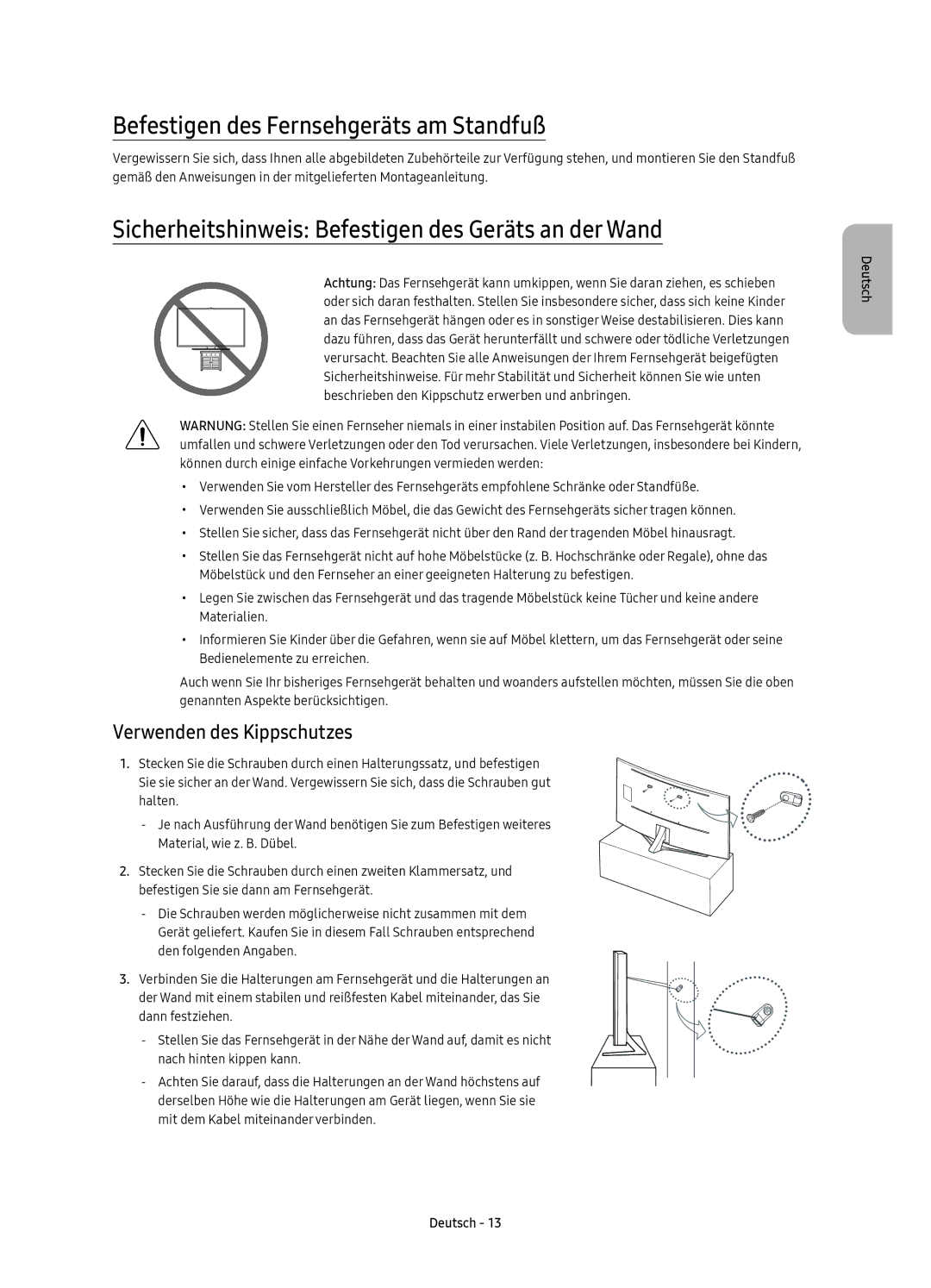 Samsung UE78KS9580TXZG Befestigen des Fernsehgeräts am Standfuß, Sicherheitshinweis Befestigen des Geräts an der Wand 