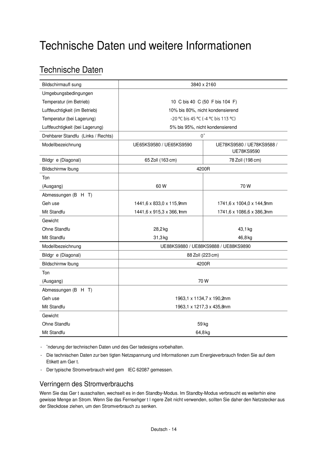 Samsung UE88KS9888TXZG, UE78KS9590TXZG manual Technische Daten und weitere Informationen, Verringern des Stromverbrauchs 