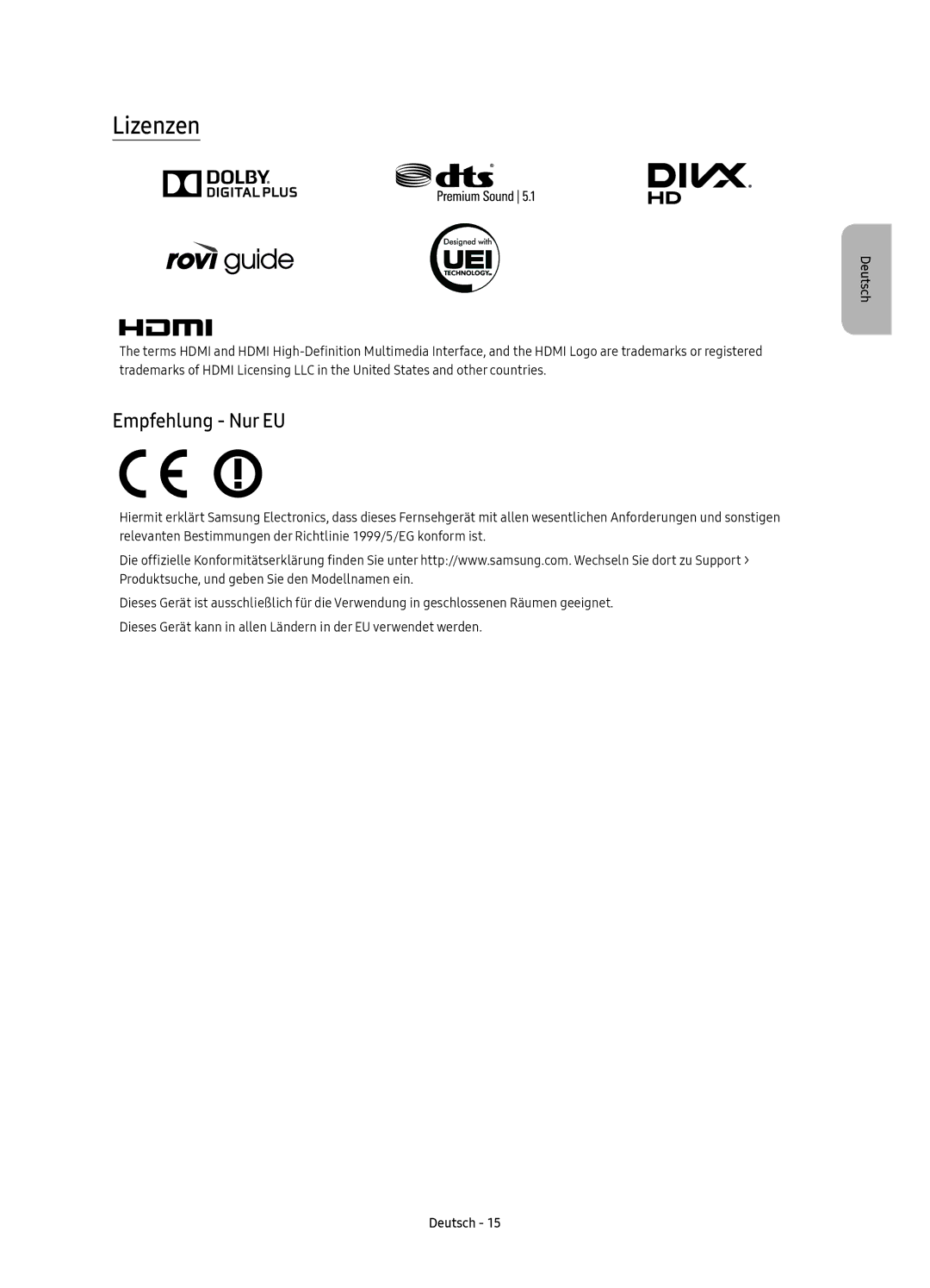 Samsung UE65KS9580TXZG, UE78KS9590TXZG, UE65KS9590TXZG, UE88KS9890TXZG, UE88KS9880TXZG manual Lizenzen, Empfehlung Nur EU 