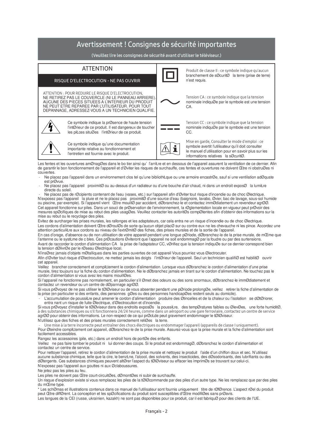 Samsung UE88KS9890TXZG, UE78KS9590TXZG, UE65KS9590TXZG manual Avertissement ! Consignes de sécurité importantes, Français 