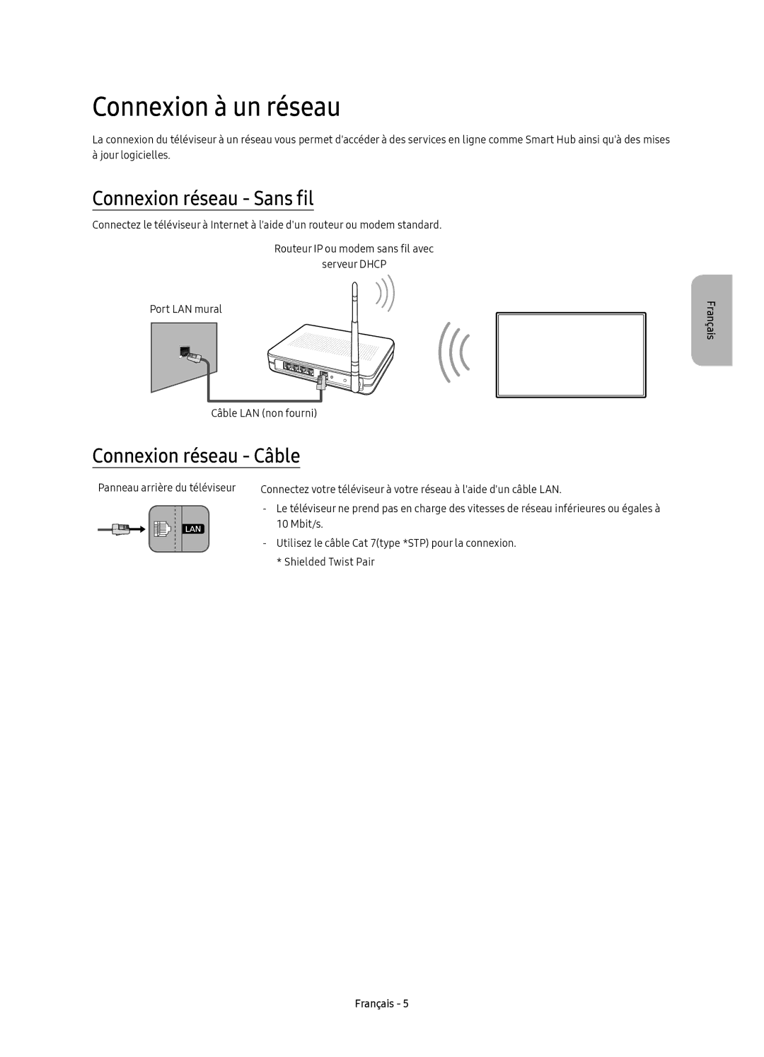 Samsung UE78KS9580TXZG, UE78KS9590TXZG manual Connexion à un réseau, Connexion réseau Sans fil, Connexion réseau Câble 