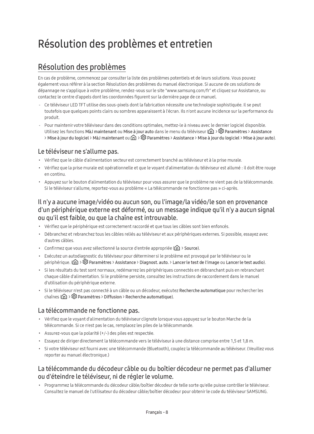 Samsung UE78KS9590TXZG, UE65KS9590TXZG, UE88KS9890TXZG Résolution des problèmes et entretien, Le téléviseur ne sallume pas 