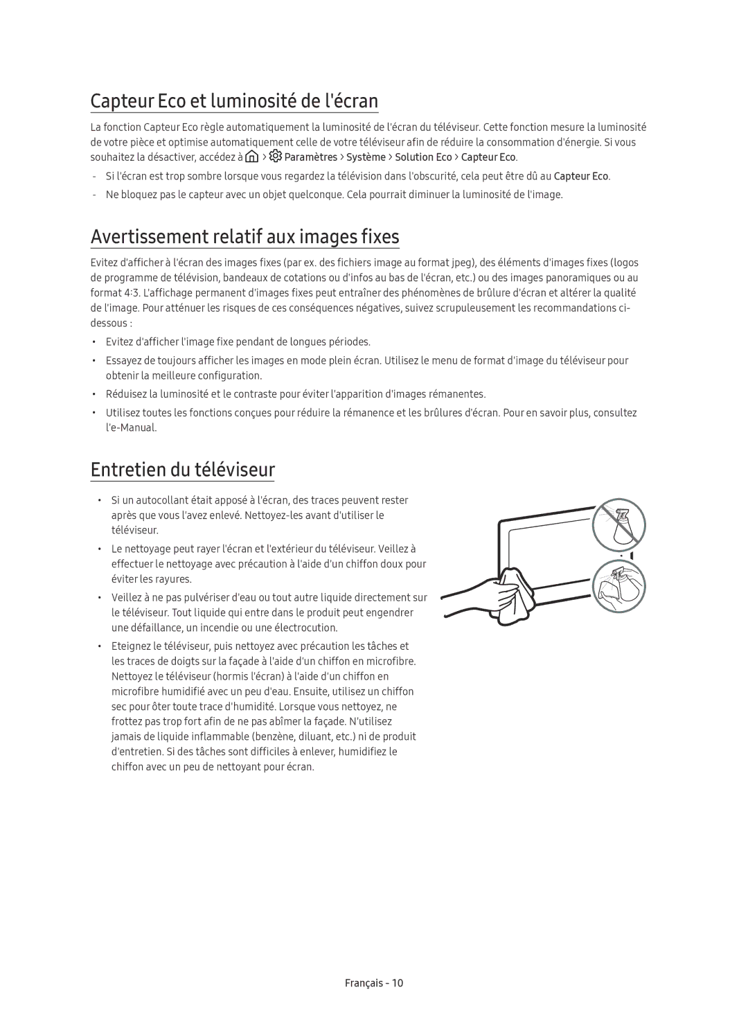 Samsung UE88KS9890TXZG, UE78KS9590TXZG manual Capteur Eco et luminosité de lécran, Avertissement relatif aux images fixes 