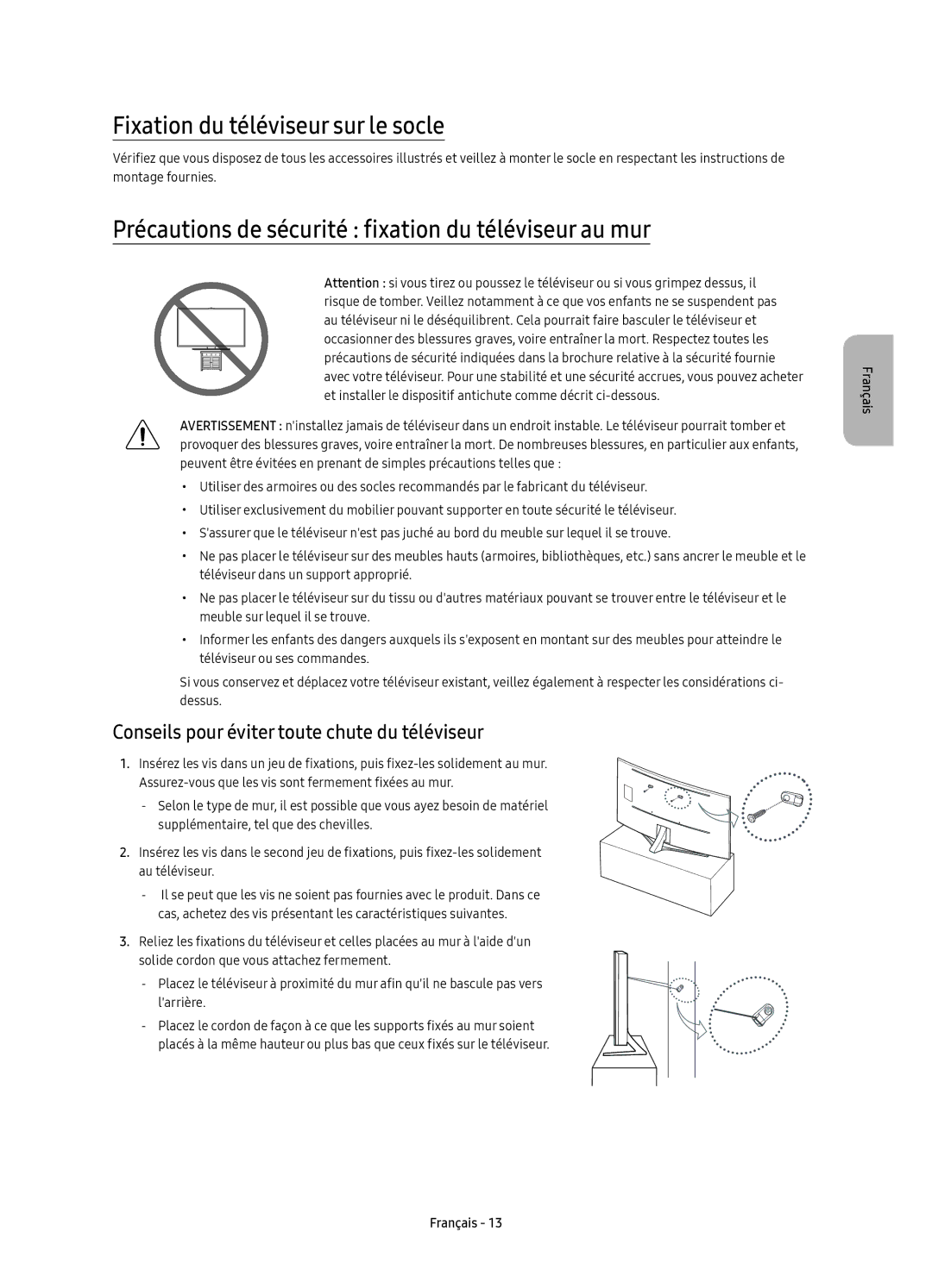 Samsung UE78KS9580TXZG manual Fixation du téléviseur sur le socle, Précautions de sécurité fixation du téléviseur au mur 