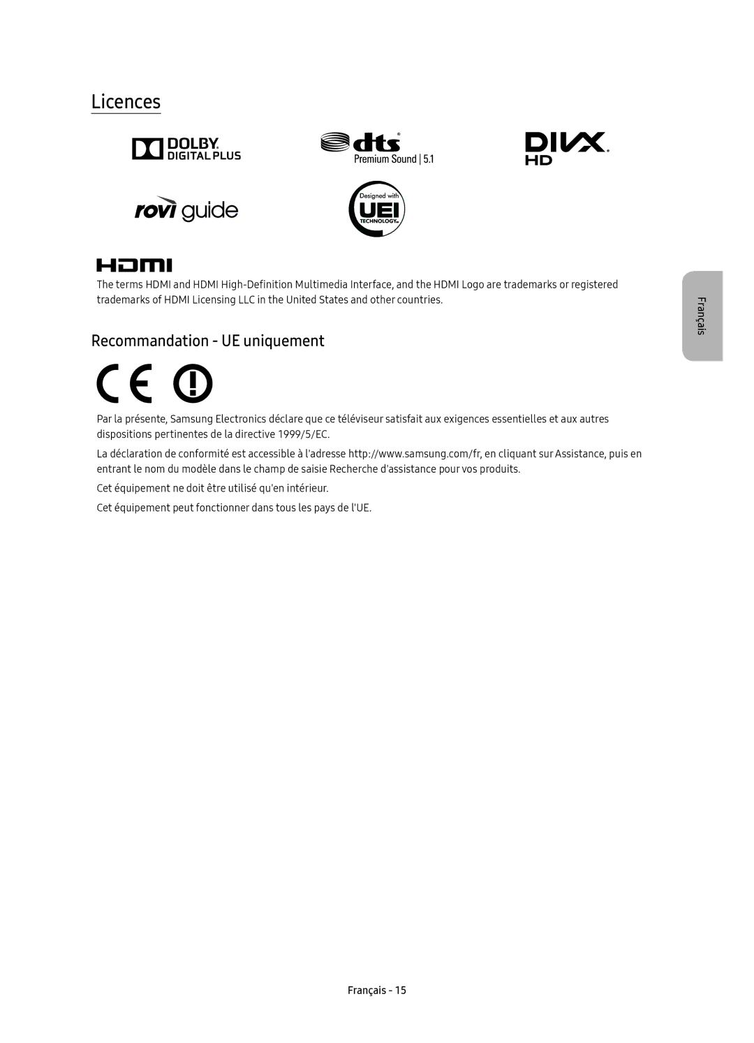 Samsung UE65KS9580TXZG, UE78KS9590TXZG, UE65KS9590TXZG, UE88KS9890TXZG, UE88KS9880TXZG Licences, Recommandation UE uniquement 