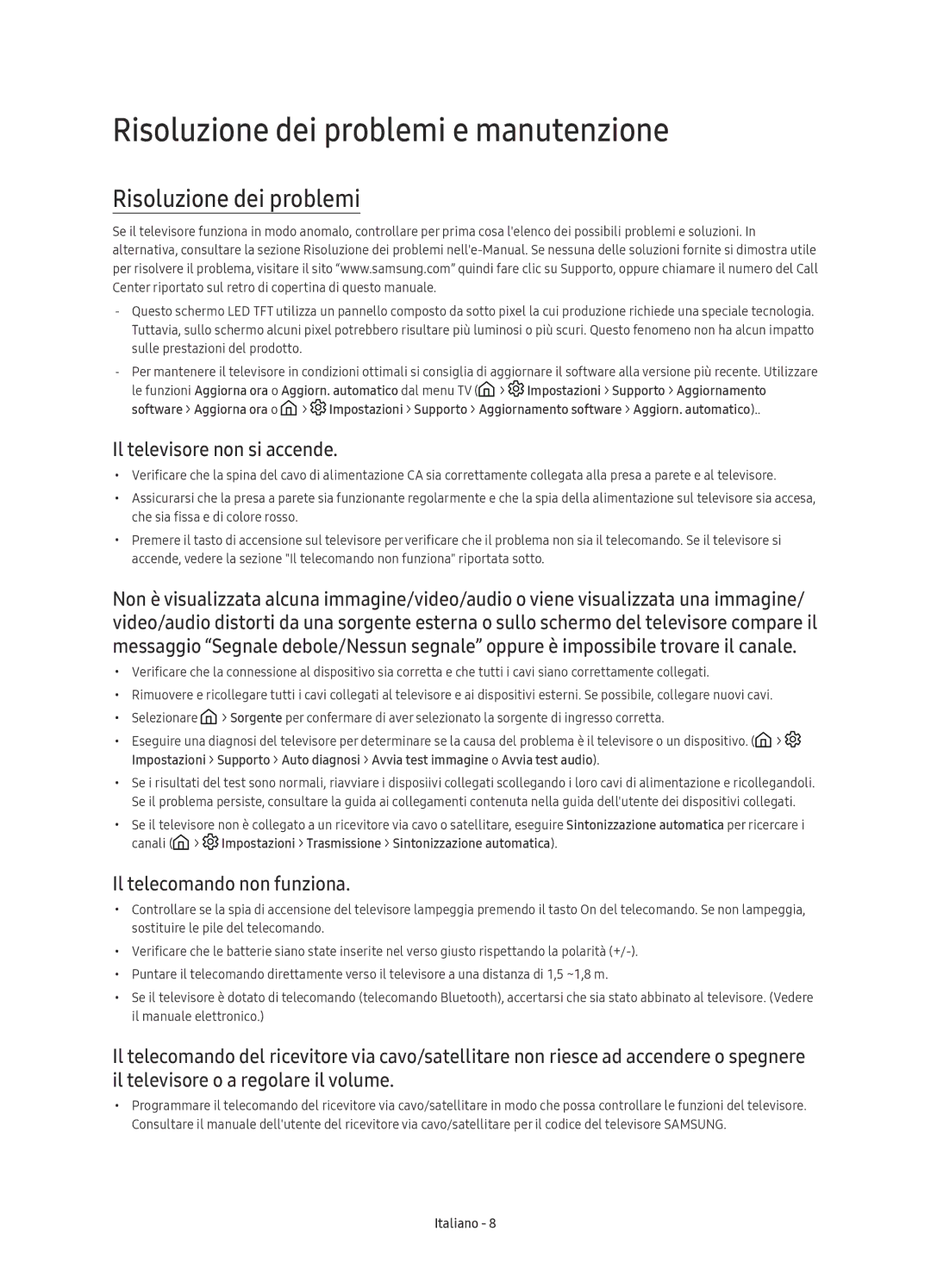 Samsung UE78KS9590TXZG Risoluzione dei problemi e manutenzione, Il televisore non si accende, Il telecomando non funziona 